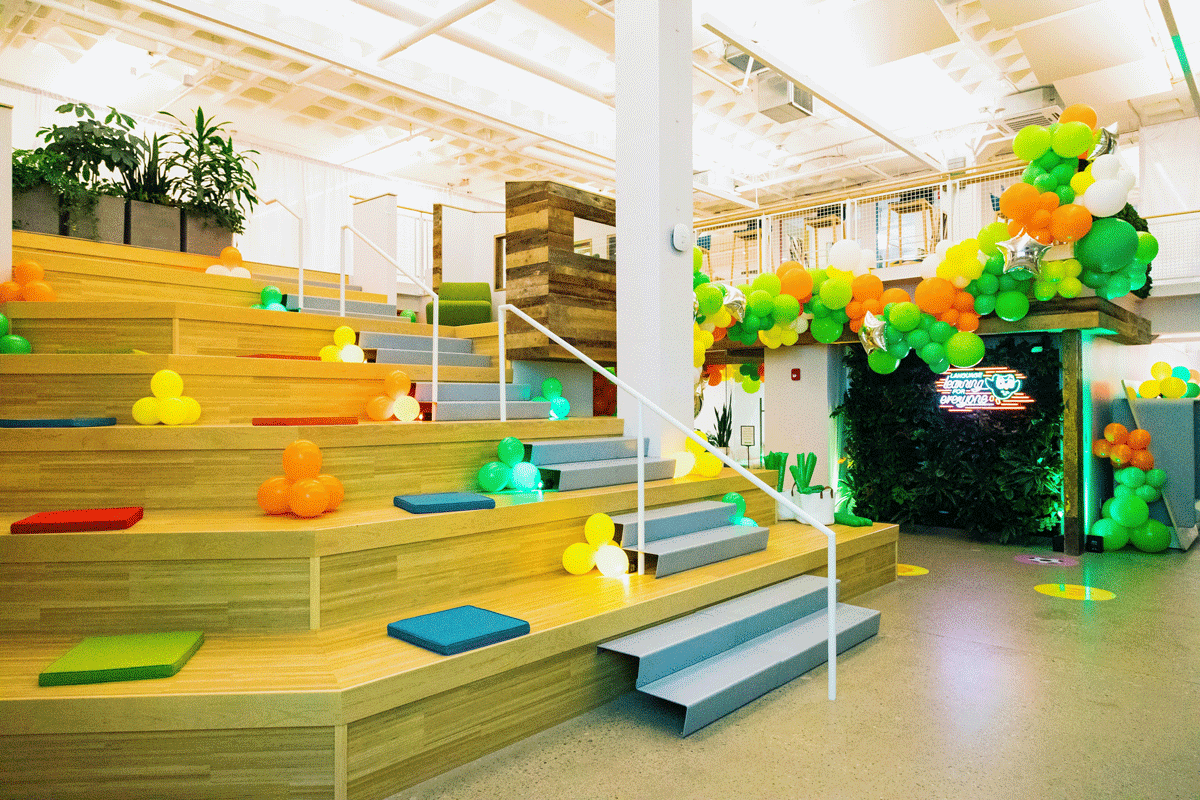 Stairs are adorned with colorful balloons