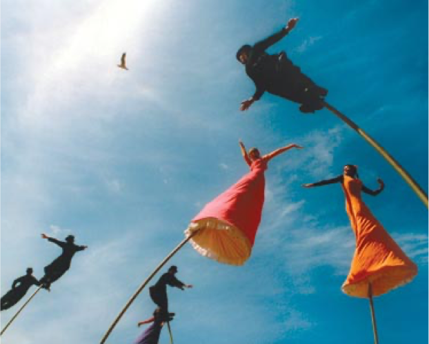 Looking up at a group of people on high stilts